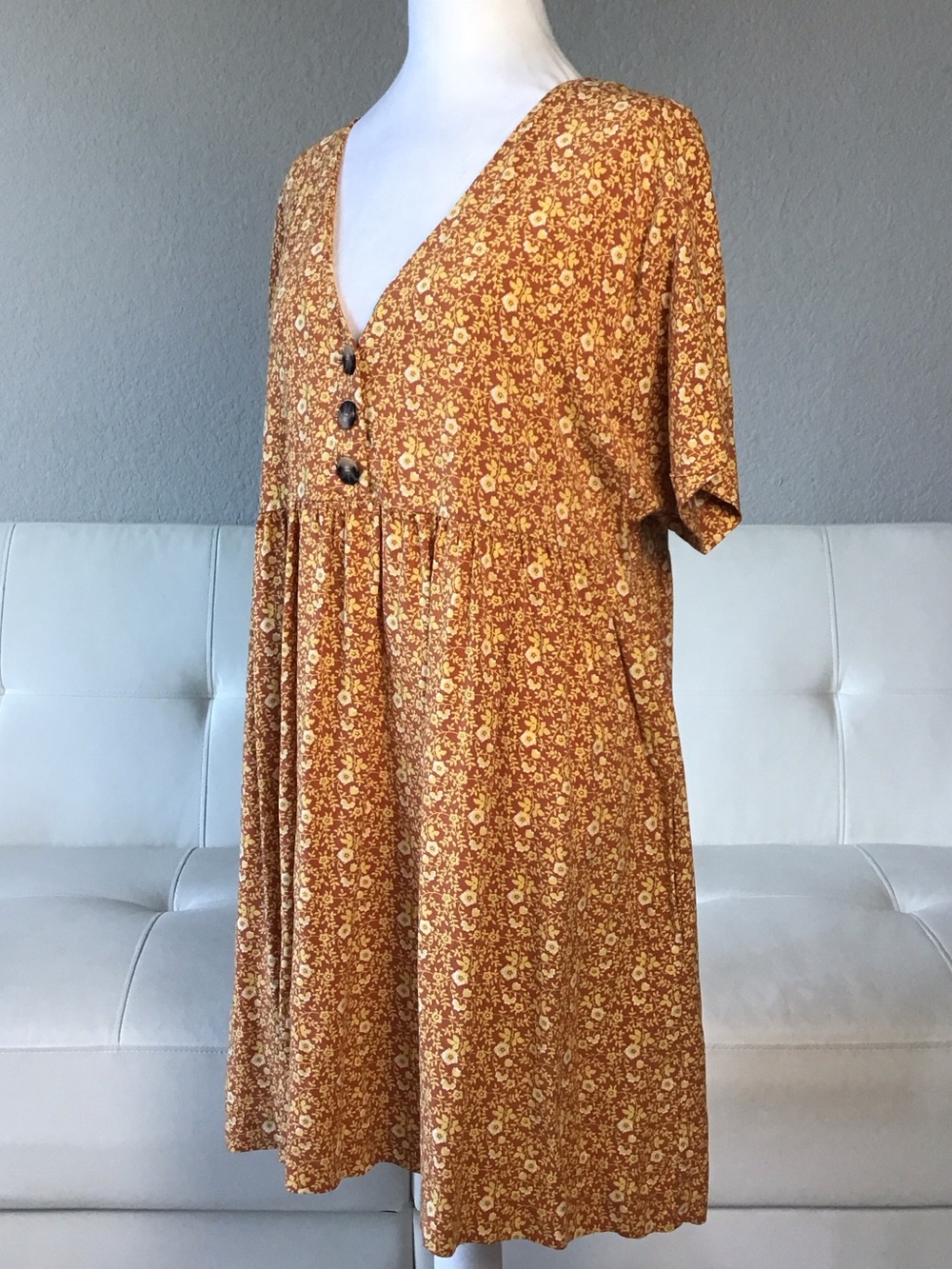 Madewell Mustard Floral V-Neck Button Front Dress - Picture 3 of 11
